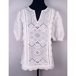 J. McLaughlin Jonie White Eyelet Cotton Blouse Split Neck Puff Sleeve Size L